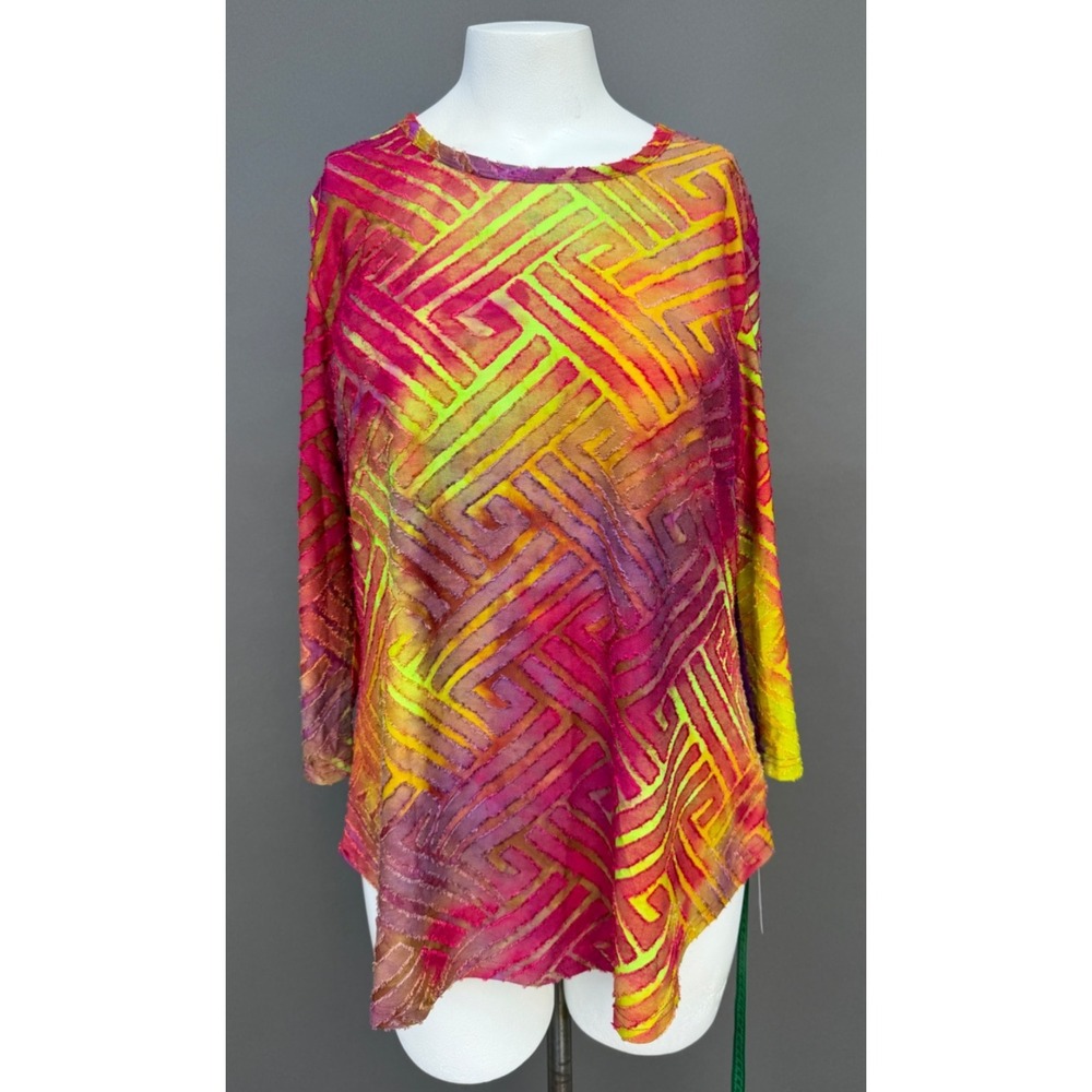 NEW Calessa Tie-Dye‎ Burnout Large Crew Neck Long Sleeve Shirttail Hem Tunic Top
